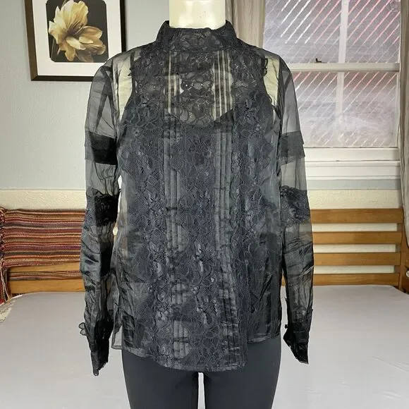 White House Black Market Vtg Style Blouse Women’s 4 Black Sheer Organza Lace